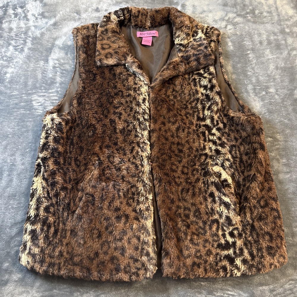 Betsey Johnson Womens Leopard Print Faux Fur Open Front Mid-Length Vest L Brown